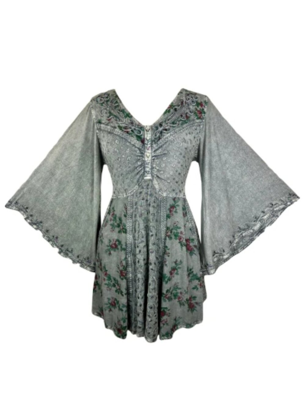 Gothic Rose Floral Bell Sleeve Agan Traders Sequin Beaded Flared Boho Silver